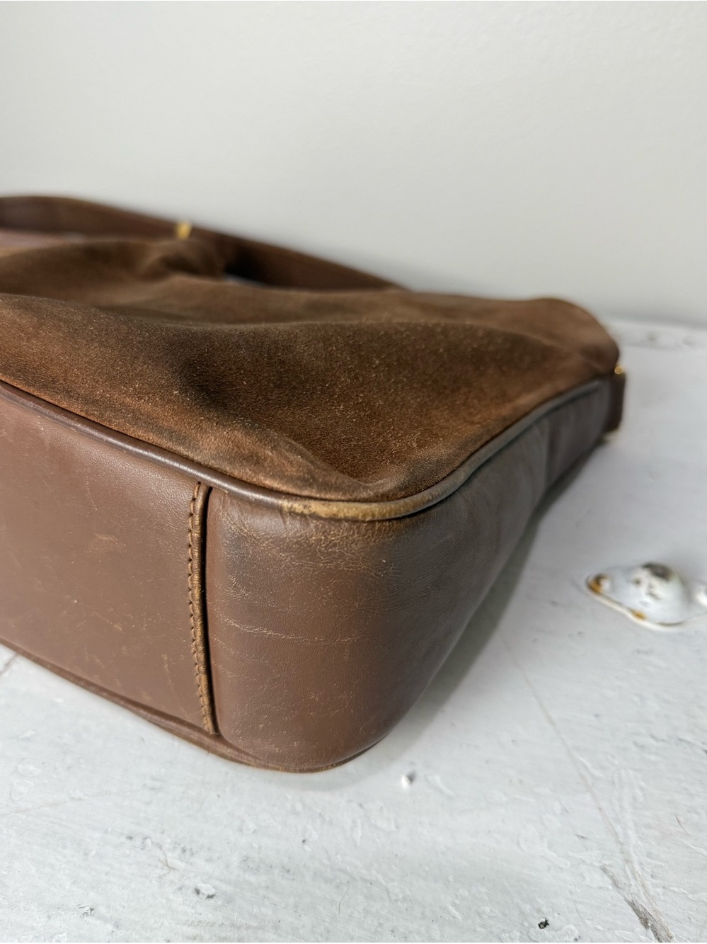 GUCCI Suede 2way Brown Gold Shoulder Bag Vintage Leather - Picture 8 of 15